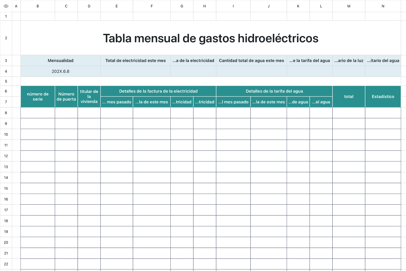 Tabla mensual de gastos hidroeléctricos